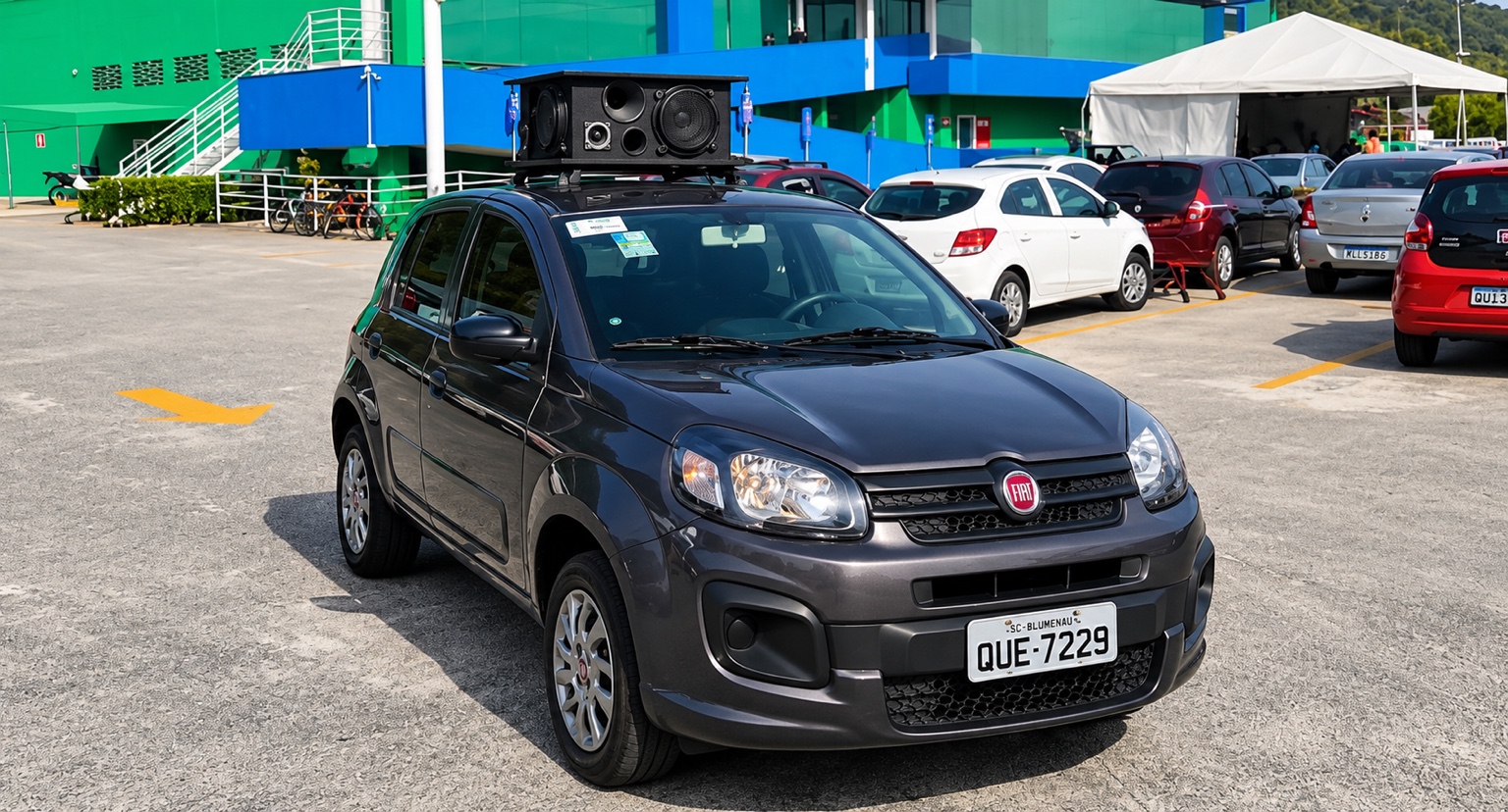 Fiat cinza com equipamento de som instalado no teto