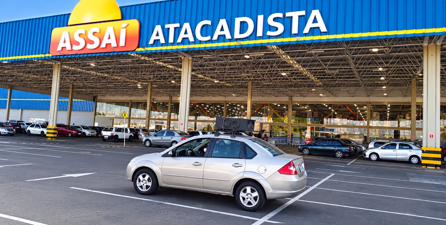 Carro de som prata em frente ao Assaí Atacadista