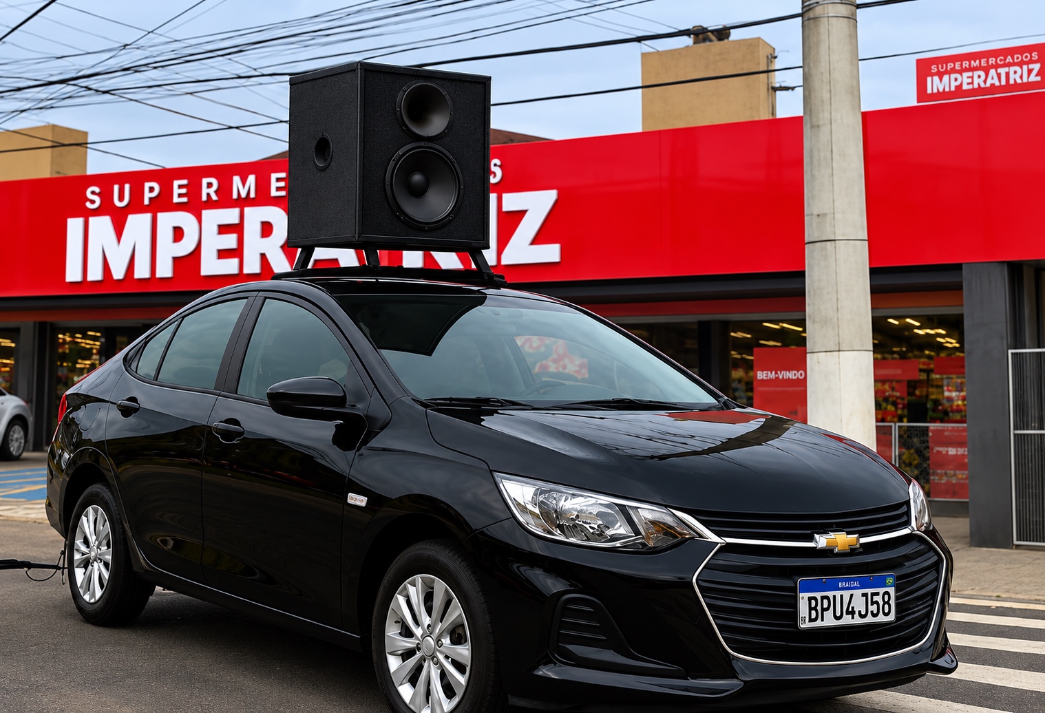 Chevrolet preto com caixa de som em frente ao Supermercados Imperatriz