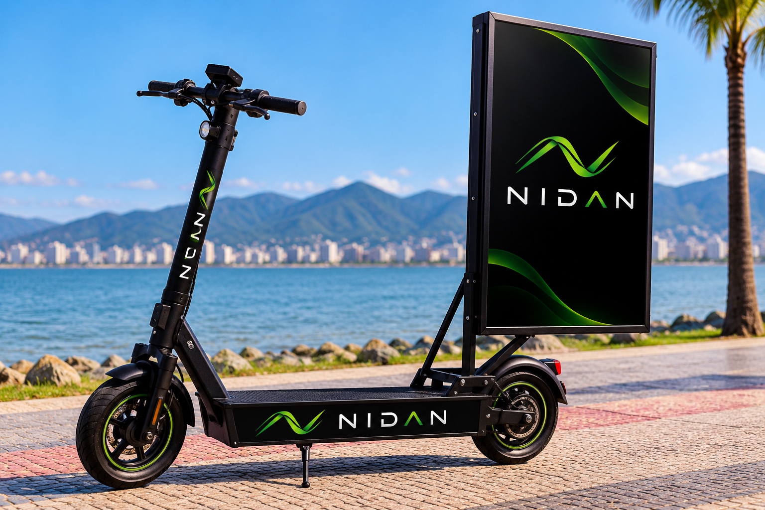 Proposta visual do patinete publicitário móvel NIDAN com painel de publicidade