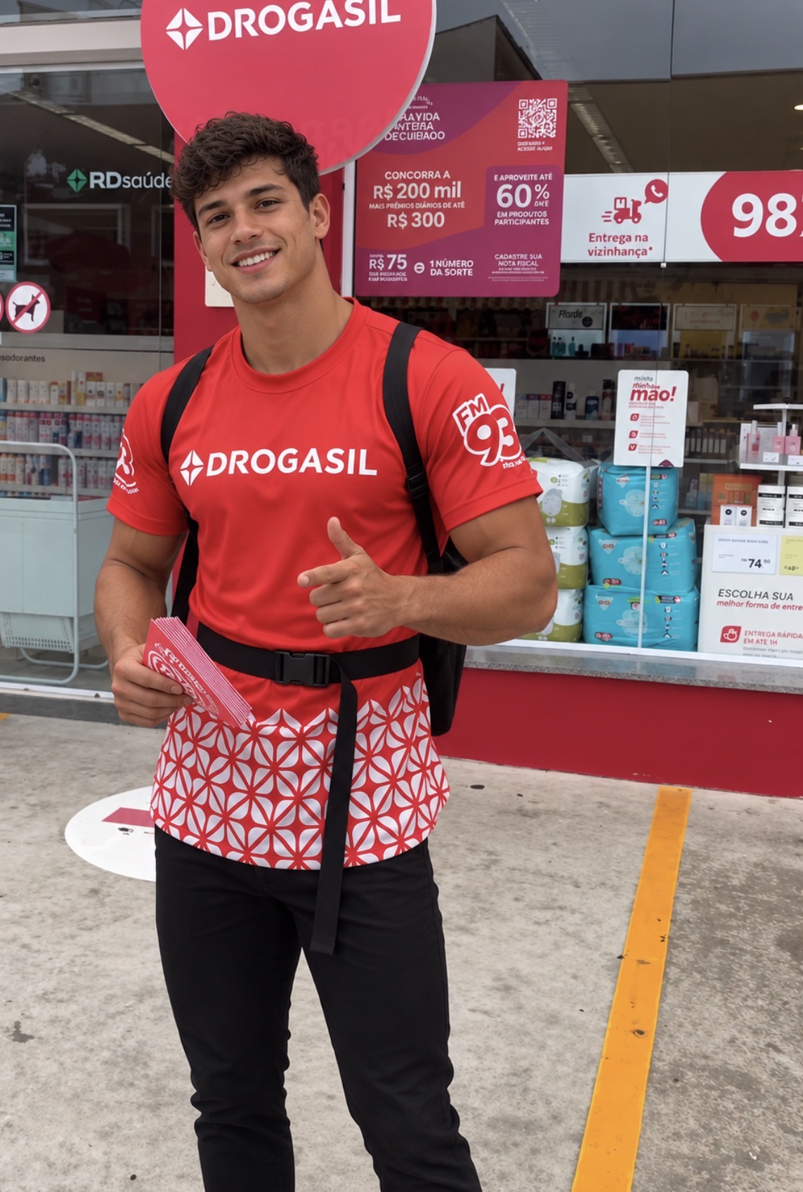 Promotor em ação promocional em frente à farmácia